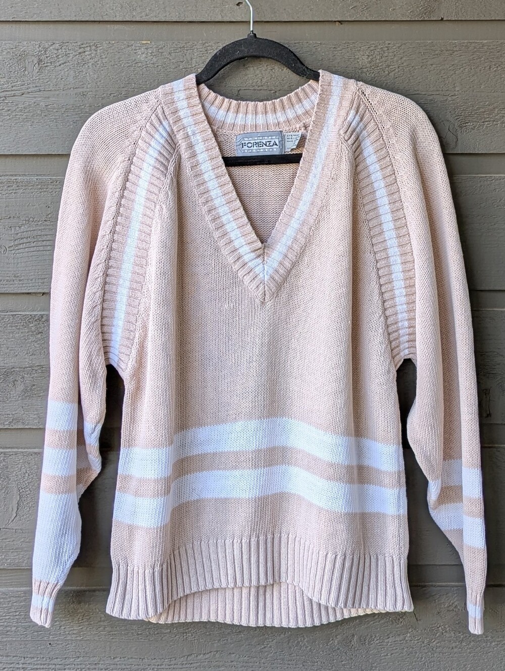 VTG 80s Forenza Tan White Striped Collegiate V Neck Varsity Sweater Medium
